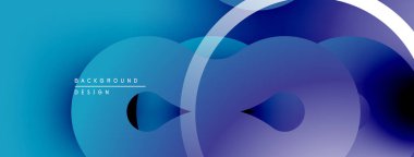 Soyut akışkan şekiller, mavi eğimler, modern tasarım. Üst üste binen daireler dinamik görsel efekt yaratır. Yumuşak geçişler, canlı renkler.