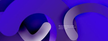 Soyut akış şekilleri, canlı maviler, mor gradyanlar dinamik arkaplan oluşturur. Modern tasarım, düz kıvrımlar, zarif kompozisyon.