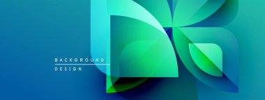 Soyut geometrik şekiller örtüşür, parlak mavi, yeşil eğimler yaratır. Modern tasarım teknoloji, yenilik ve enerji öneriyor.