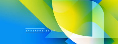 Soyut geometrik şekiller canlı mavileri, sarıları, yeşillikleri harmanlarlar. Modern tasarım dinamik görsel deneyim yaratır. Mevcut en küçük metin.