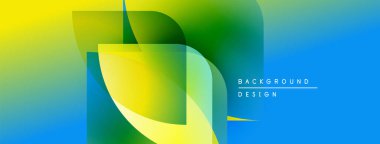 Soyut enerjik tasarım. Üst üste binen şekiller dinamik değişim etkisi yaratır. Mavi, yeşil, sarı renkler kompozisyona hakim. Modern estetik.