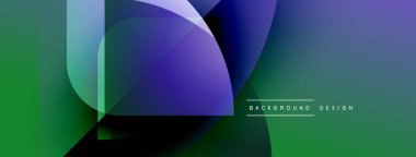 Soyut gradyanlar harmanlanır ve dinamik şekiller yaratır. Yeşil, mavi, mor renkler kompozisyona hakim. Modern tasarım ögesi.