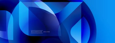 Soyut mavi tasarım, üst üste binen şekiller. Gradyan gölgeler dinamik görsel efekt yaratır. Geçmişe uygun modern, temiz estetik..