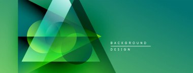 Soyut geometrik şekiller örtüşür, canlı yeşil gradyan arkaplan oluşturur. Modern tasarım elementleri teknoloji ve yenilik öneriyor.