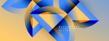 Soyut geometrik şekiller canlı mavileri, sarıları, portakalları harmanlarlar. Modern tasarım dinamik görsel etki yaratır. Arkaplanda metin ögeleri.