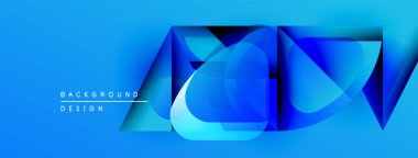Soyut mavi tasarım, üst üste binen geometrik şekiller. Gradyan gölgeler derinlik yaratır, modern estetik. Mevcut en küçük metin.