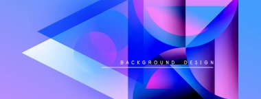 Soyut geometrik şekiller, canlı renklerin karışımı. Modern tasarım üst üste binen katmanlar, gradyanlar, metin elementleri içerir. Düz geçişler dinamik görsel efekt yaratır.