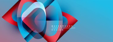 Soyut geometrik şekiller örtüşüyor, canlı mavi ve kırmızı renkler yaratıyor. Modern tasarım elementleri dinamik görsel deneyim önerir.