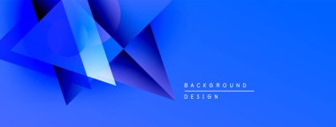 Soyut mavi geometrik şekiller kesişir. Gradyan arkaplan derinlik oluşturur, pankartlar ve başlıklar için modern tasarım ögesi.