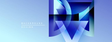 Soyut geometrik tasarım. Mavi gradyanlar katmanlı şekiller oluşturur, modern estetik. Amaç gösteren metin arkaplan özellikleri.