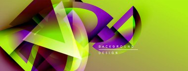 Soyut geometrik şekiller örtüşüyor, canlı renk eğimleri yaratıyor. Sarı, mor, yeşil baskın tasarım. Modern, dinamik kompozisyon.