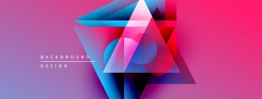 Soyut geometrik şekiller örtüşür, canlı gradyanlar yaratır. Pembe, mavi, kırmızı renkler tasarımda baskın. Modern estetik.