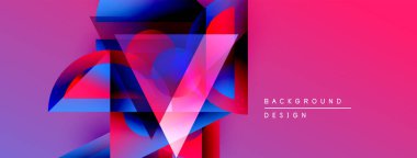 Soyut geometrik şekiller örtüşür, canlı pembeler, maviler, morlar yaratır. Modern tasarım teknoloji, yenilik ve enerji öneriyor.