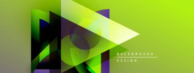 Soyut geometrik şekiller örtüşür, canlı katmanlar yaratır. Yeşil arka planda baskın, mor aksanlar mevcut. Modern tasarım ögeleri görünür.