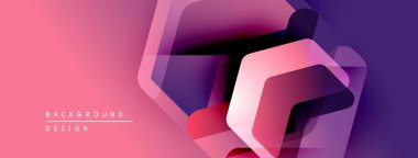 Soyut geometrik şekiller örtüşüyor, canlı pembe, mor renkler yaratıyor. Modern tasarım elementleri teknoloji ve yenilik öneriyor.