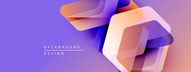 Soyut geometrik şekiller örtüşüyor, canlı mor, turuncu renkler yaratıyor. Modern tasarım elementleri teknoloji ve yenilik öneriyor. Arkaplan özellikleri metin etiketleri.