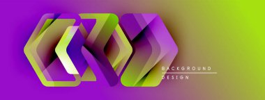 Soyut geometrik şekiller örtüşür, canlı bir değişim etkisi yaratır. Mor, yeşil, sarı renkler tasarımda baskın. Modern arkaplan ögesi.