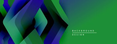 Soyut geometrik katmanlar canlı bir değişim etkisi yaratır. Yeşil, mavi renkler tasarıma hakim, modern estetiğe işaret ediyor. Minimalist metin mevcut.