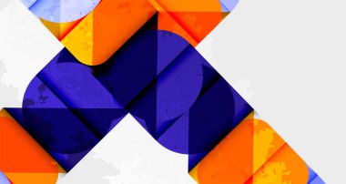 Soyut geometrik şekiller örtüşür, dinamik görsel doku oluşturur. Turuncu, mavi, beyaz baskın kompozisyon. Modern tasarım elemanları.