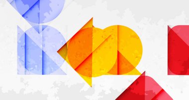 Soyut geometrik şekiller çakışıyor. Mavi, sarı, kırmızı renkler tasarımda baskın. Dokulu arka plan görsel ilgi katıyor. Modern kompozisyon.