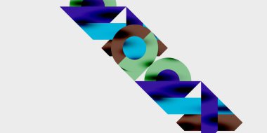 Abstract graphic design features layered, colorful rectangles forming text. Shapes overlap, creating dynamic visual effect. Minimalist style.