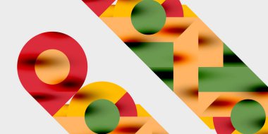 Abstract geometric composition. Overlapping shapes, circles, rectangles, vibrant colors dominate black background. Modern design elements present.