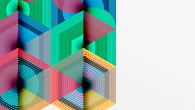 Soyut geometrik desen. Canlı renkler karışımı, katmanlı altıgen şekiller yaratıyor. Çizgiler derinlik, doku ve modern tasarım öneriyor..