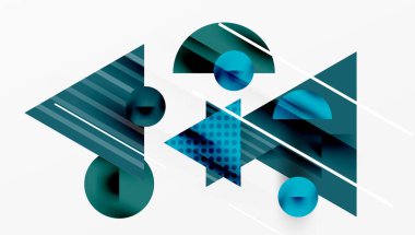 Soyut geometrik bileşim. Teal şekilleri örtüşüyor, dinamik görsel ilgi yaratıyor. Çizgiler kesişiyor, derinlik ekliyor. Modern tasarım elemanları.