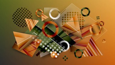 Üst üste binen geometrik şekilleri içeren soyut bileşim. Turuncu, yeşil tonlar dizaynın hakimi. Polka noktalar, çizgiler dinamik görsel etki yaratır.