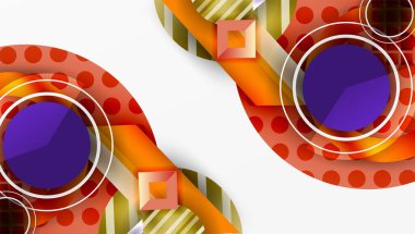 Soyut tasarım daireler, kareler, turuncu renkler, beyaz alan içerir. Modern geometrik şekiller dinamik görsel efekt yaratır.