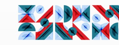 Soyut geometrik desen. Şekiller örtüşüyor, dinamik görsel ritim yaratıyor. Kırmızı, deniz mavisi, mavi renkler kompozisyona hakim. Minimalist tasarım.