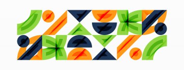 Soyut geometrik desen. Şekiller tekrar eder, ritmik görsel doku yaratır. Renkler arasında turuncu, yeşil, donanma var. Modern tasarım ögesi.