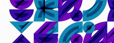 Soyut geometrik desen. Tekrarlayan şekiller canlı, modern tasarım yaratır. Mavi, mor renkler kompozisyona hakim. Minimalist estetik.