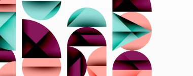 Soyut geometrik şekiller çakışıyor, renkli desenler yaratıyor. Yumuşak pembeler, morlar, tüyler kompozisyona hakim. Minimalist tasarım.