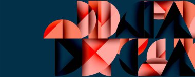 Soyut geometrik şekiller örtüşür, dinamik bileşim yaratır. Mercan renkleri koyu gri arkaplanla tezat oluşturur. Modern tasarım elemanları.