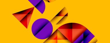 Soyut geometrik şekiller üst üste binerek sarı arkaplanda canlı renkler oluşturur. Kompozisyon modern, dinamik hissettiriyor.