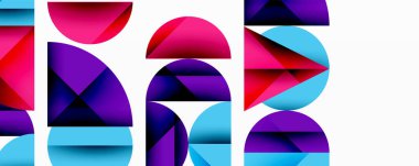 Soyut geometrik şekiller, canlı renkler, modern tasarım. Kompozisyon üst üste binen formlar, dinamik görsel efekt oluşturur.