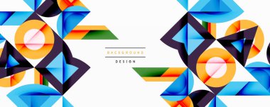 Soyut geometrik şekiller, canlı renkler, modern tasarım. Arkaplanda yinelenen desenler, turuncu, mavi, mor.