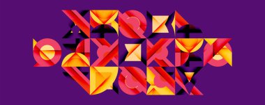 Soyut geometrik şekiller mor arkaplanı doldurur. Sıcak renkler tasarıma hakim, dinamik görsel doku oluşturur.