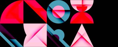 Soyut geometrik şekiller örtüşür, renkli kompozisyon oluşturur. Pembe, kırmızı, deniz mavisi renkleri siyah arkaplanı domine eder. Modern tasarım elemanları.