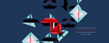 Soyut geometrik şekiller örtüşür, dinamik görsel efekt yaratır. Mavi arkaplan kırmızı aksanlarla çelişiyor, modern tasarım unsurları mevcut.