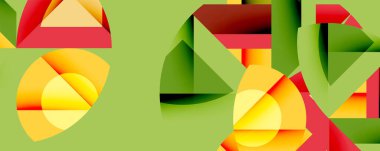 Soyut geometrik bileşim. Üst üste binen şekiller, dinamik görsel ilgi yaratır. Renkler sarı, kırmızı, yeşil. Modern tasarım.