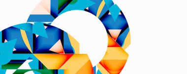 Soyut geometrik şekiller, canlı renkler, beyaz alan. Bileşim üçgenler, kıvrımlar, dinamik görsel darbeler içerir. Modern tasarım elemanları.