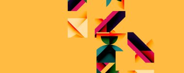 Soyut geometrik şekiller örtüşür ve canlı bir bileşim yaratır. Sarı arkaplan renkli biçimleri, modern tasarımı vurguluyor.