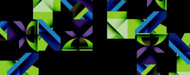 Soyut geometrik şekiller, canlı yeşil, koyu mavi renkler. Karmaşık desenler, modern tasarım, dijital çizimler. Minimalist estetik, çarpıcı kontrast.