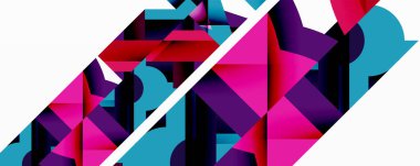 Soyut geometrik bileşim. Canlı renkler, keskin açılar, dinamik şekiller modern görsel deneyimler yaratır. Beyaz boşluk tasarımı dengeler.