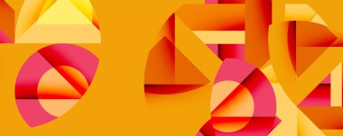 Soyut geometrik bileşim. Sıcak renkler baskın, üst üste binen şekiller, üçgenler, daireler, dinamik görsel efektler yaratıyor..