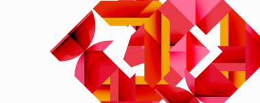 Soyut geometrik bileşim. Kırmızı, pembe, sarı şekiller kesişiyor, dinamik görsel doku oluşturuyor. Modern tasarım, kalın renkler.