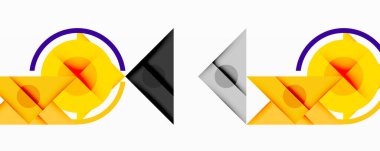 Soyut geometrik bileşim. Sarı şekiller baskın, mor kavisler, gri üçgenler, siyah arkaplan. Minimalist tasarım.