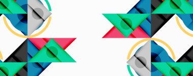 Soyut geometrik desen. Şekiller örtüşüyor, simetrik tasarım yaratıyor. Renkler arasında mavi, yeşil, kırmızı, gri var. Minimalist stil.